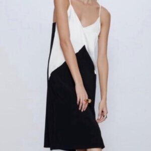 NWT Zara black blocked white satin dress size S & free tops